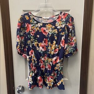 PerSeption Concept Navy Floral Puff-Sleeve Peplum Top